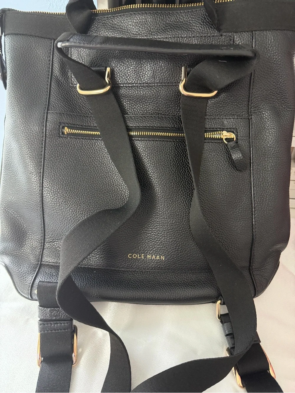 Cole Haan Black Pebbled Leather Tote-Style Backpack with Gold Logo